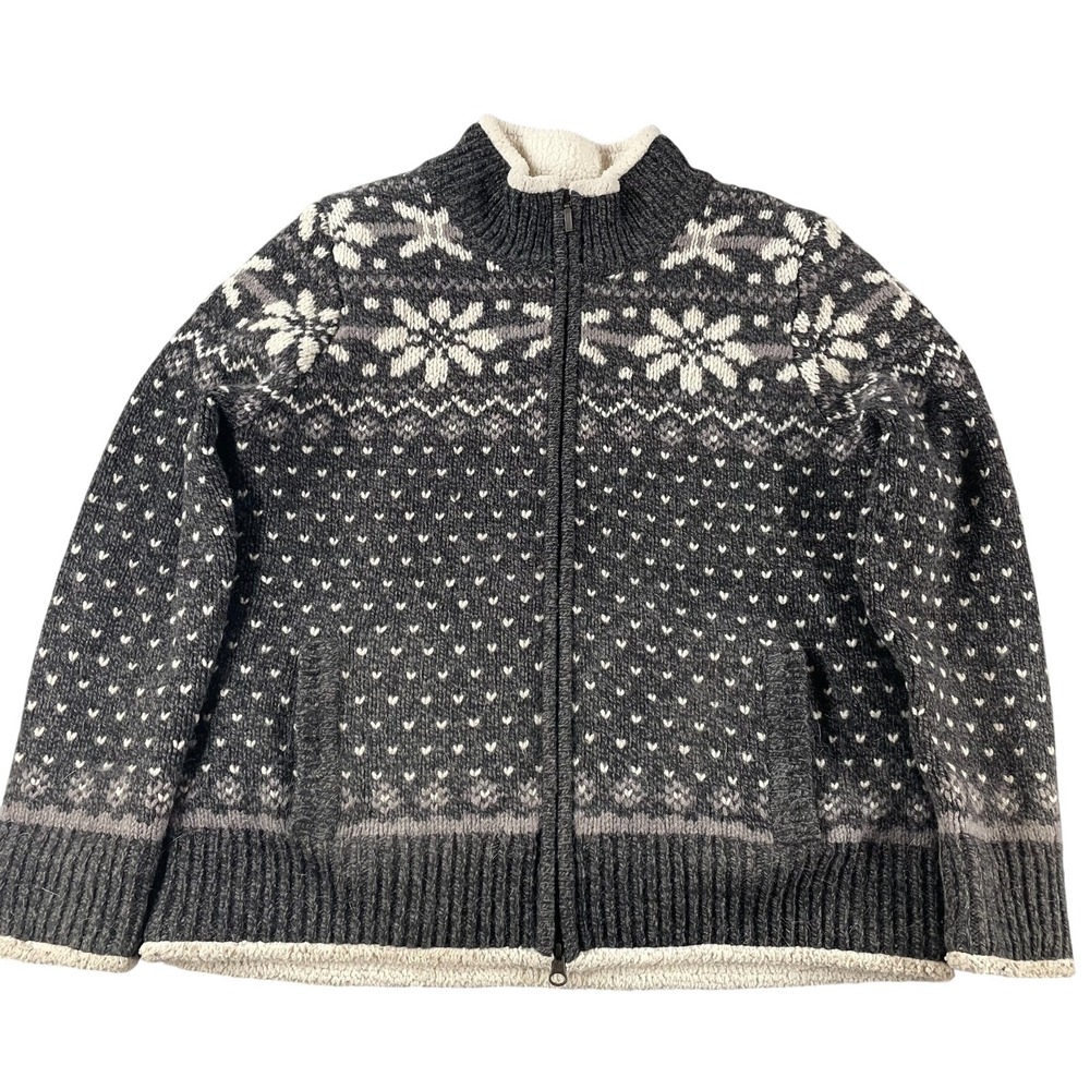 L.L. Bean Women's M Petite Classic Wool Jacket Sweater Gray Fair Isle Birdseye‎